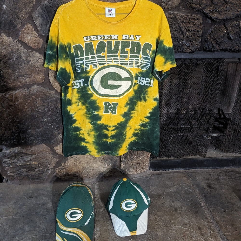 Super Rare Vintage Green Bay Packers Bundle Reebok NFL Tie-dye Shirt & Hats